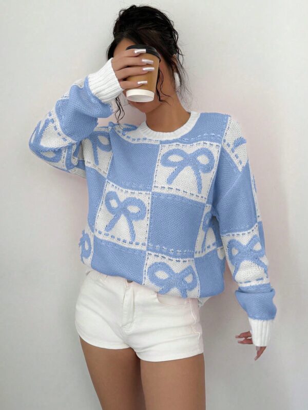 Sweater Tejido con Diseño a Cuadros y Detalle de Moño 3D - Image 10