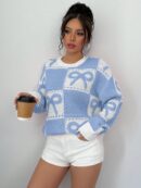 Sweater Tejido con Diseño a Cuadros y Detalle de Moño 3D