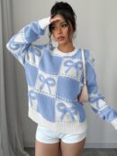 Sweater Tejido con Diseño a Cuadros y Detalle de Moño 3D