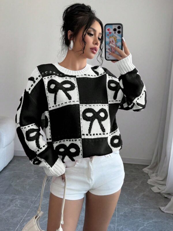 Sweater Tejido con Diseño a Cuadros y Detalle de Moño 3D - Image 13