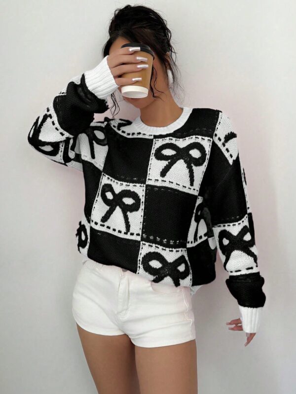 Sweater Tejido con Diseño a Cuadros y Detalle de Moño 3D - Image 15