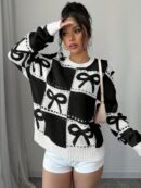 Sweater Tejido con Diseño a Cuadros y Detalle de Moño 3D