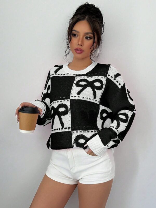 Sweater Tejido con Diseño a Cuadros y Detalle de Moño 3D - Image 17