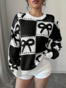 Sweater Tejido con Diseño a Cuadros y Detalle de Moño 3D
