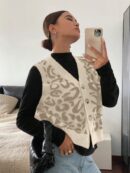 Chaleco de Punto con Estampado de Leopardo y Botones