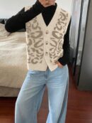 Chaleco de Punto con Estampado de Leopardo y Botones