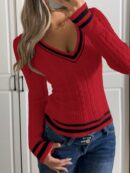 Sweater de Punto con Detalles a Rayas y Cuello en V
