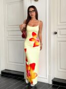 Vestido Largo Elegante con Estampado Floral y Tirantes Delgados