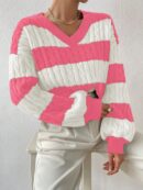 Sweater Oversize Bicolor con Cuello en V y Mangas Caídas