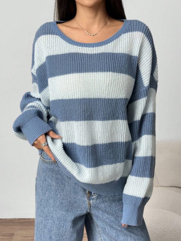 Sweater Casual a Rayas con Hombros Caídos, Manga Larga - Image 3