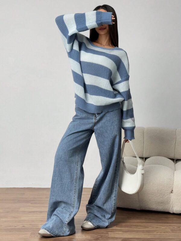 Sweater Casual a Rayas con Hombros Caídos, Manga Larga - Image 4