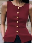 Chaleco Elegante de Botones Metálicos con Cuello Redondo