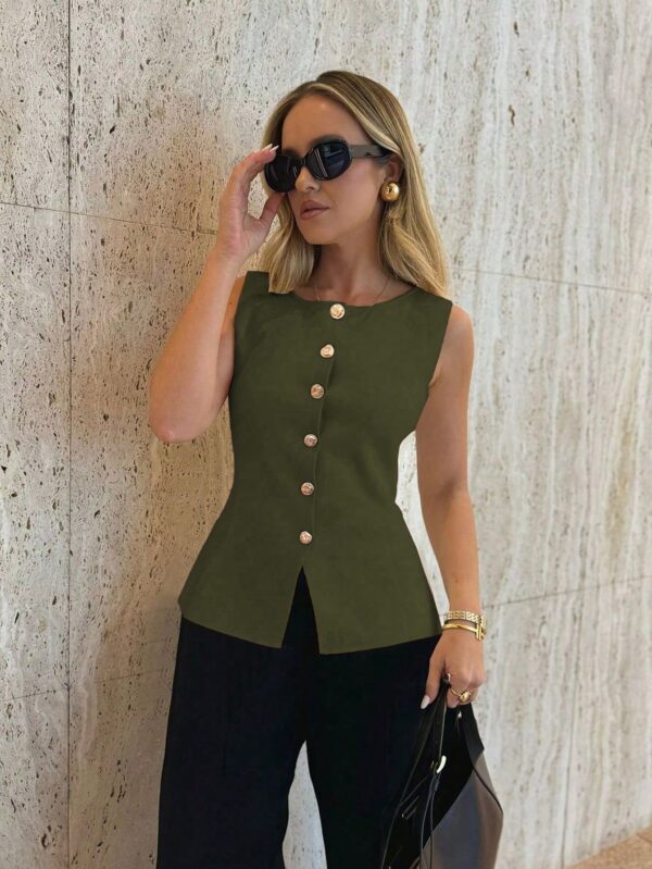 Chaleco Elegante de Botones Metálicos con Cuello Redondo - Image 44