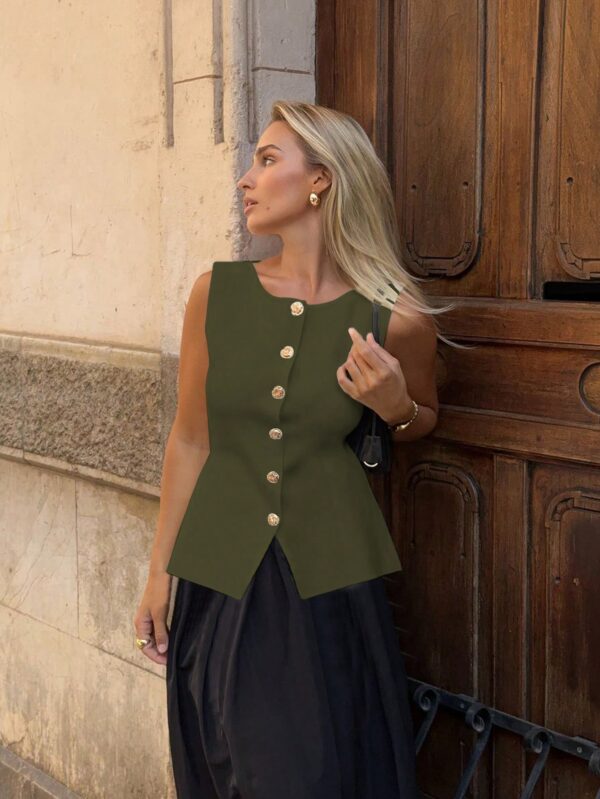 Chaleco Elegante de Botones Metálicos con Cuello Redondo - Image 43