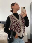 Chaleco de Punto con Estampado de Leopardo y Botones
