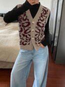Chaleco de Punto con Estampado de Leopardo y Botones