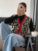 Chaleco de Punto con Estampado de Leopardo y Botones