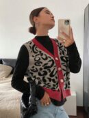 Chaleco de Punto con Estampado de Leopardo y Botones