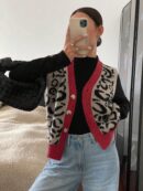 Chaleco de Punto con Estampado de Leopardo y Botones