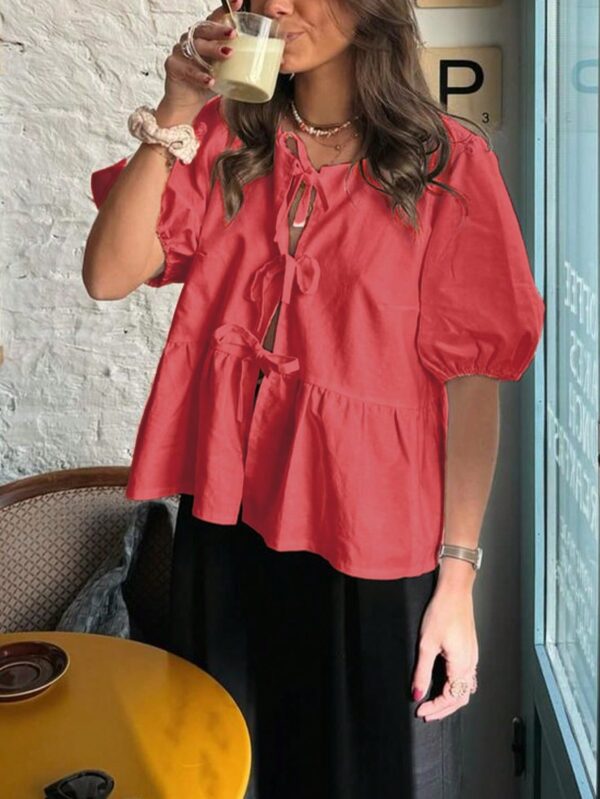 Blusa Mujer con Mangas Puff, Lazo y Peplum - Image 12