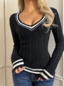 Sweater de Punto con Detalles a Rayas y Cuello en V