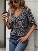 Blusa Boho Manga Corta con Estampado Floral y Nudo