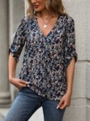 Blusa Boho Manga Corta con Estampado Floral y Nudo