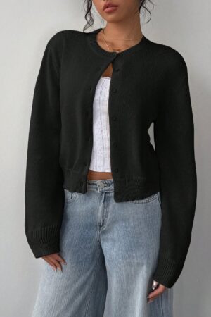 Cardigan Casual Cuello Redondo Manga Larga en Color Sólido
