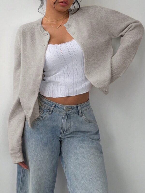 Cardigan Casual Cuello Redondo Manga Larga en Color Sólido - Image 11