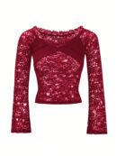 Blusa Y2K Ajustada con Hombros Descubiertos y Manga Larga de Encaje