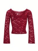 Blusa Y2K Ajustada con Hombros Descubiertos y Manga Larga de Encaje