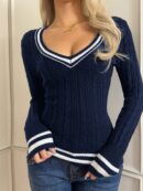 Sweater de Punto con Detalles a Rayas y Cuello en V