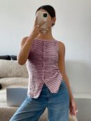 Blusa Elegante de Rayas con Botones y Abertura Frontal
