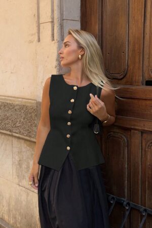 Chaleco Elegante de Botones Metálicos con Cuello Redondo
