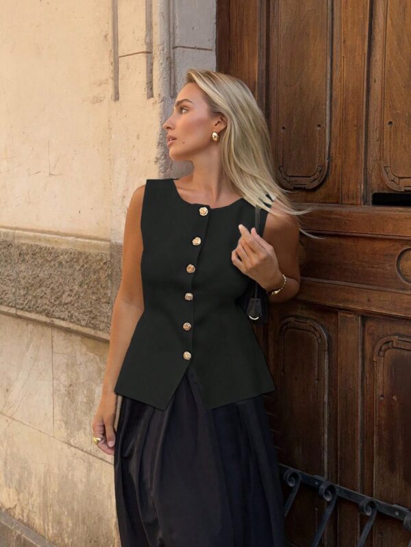 Chaleco Elegante de Botones Metálicos con Cuello Redondo