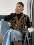 Chaleco de Punto con Estampado de Leopardo y Botones