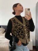 Chaleco de Punto con Estampado de Leopardo y Botones