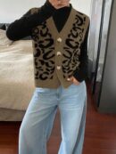 Chaleco de Punto con Estampado de Leopardo y Botones