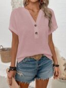 Camiseta de Verano Casual con Cuello en V y Botones Decorativos