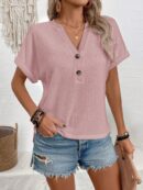 Camiseta de Verano Casual con Cuello en V y Botones Decorativos