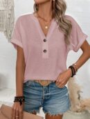Camiseta de Verano Casual con Cuello en V y Botones Decorativos