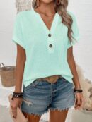 Camiseta de Verano Casual con Cuello en V y Botones Decorativos