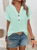 Camiseta de Verano Casual con Cuello en V y Botones Decorativos