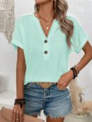 Camiseta de Verano Casual con Cuello en V y Botones Decorativos