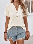 Camiseta de Verano Casual con Cuello en V y Botones Decorativos