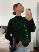 Chaleco de Punto con Estampado de Leopardo y Botones