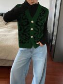 Chaleco de Punto con Estampado de Leopardo y Botones