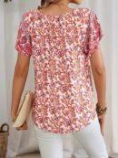 Blusa Floral de Manga Corta con Lazo en el Cuello