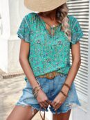Blusa Floral de Manga Corta con Lazo en el Cuello