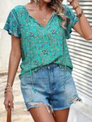 Blusa Floral de Manga Corta con Lazo en el Cuello